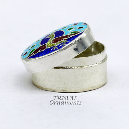 Vintage handmade 925 sterling silver peacock design enamel trinket box, jewelry or brides kukum box with intricate silver craftsmanship.