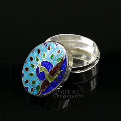 Vintage handmade sterling silver peacock design trinket box with colorful enamel work, ideal for jewelry or brides' accessories.