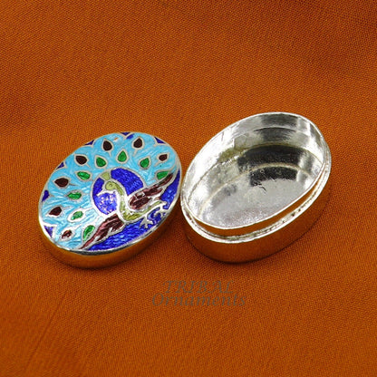 Vintage handmade 925 sterling silver peacock design enamel trinket box with intricate jewelry and bridal embellishments.