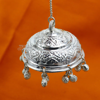 Vintage style handmade sterling silver hindu lord umbrella chhatar chattra with amazing hanging jingle bells. best temple article su752 - TRIBAL ORNAMENTS