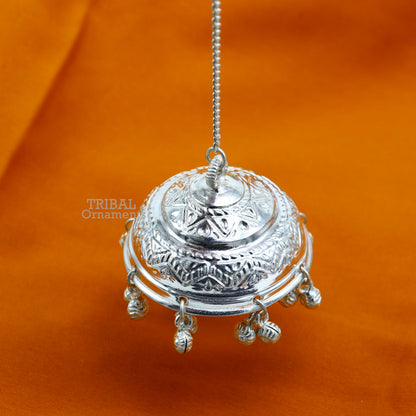 Vintage style handmade sterling silver hindu lord umbrella chhatar chattra with amazing hanging jingle bells. best temple article su752 - TRIBAL ORNAMENTS