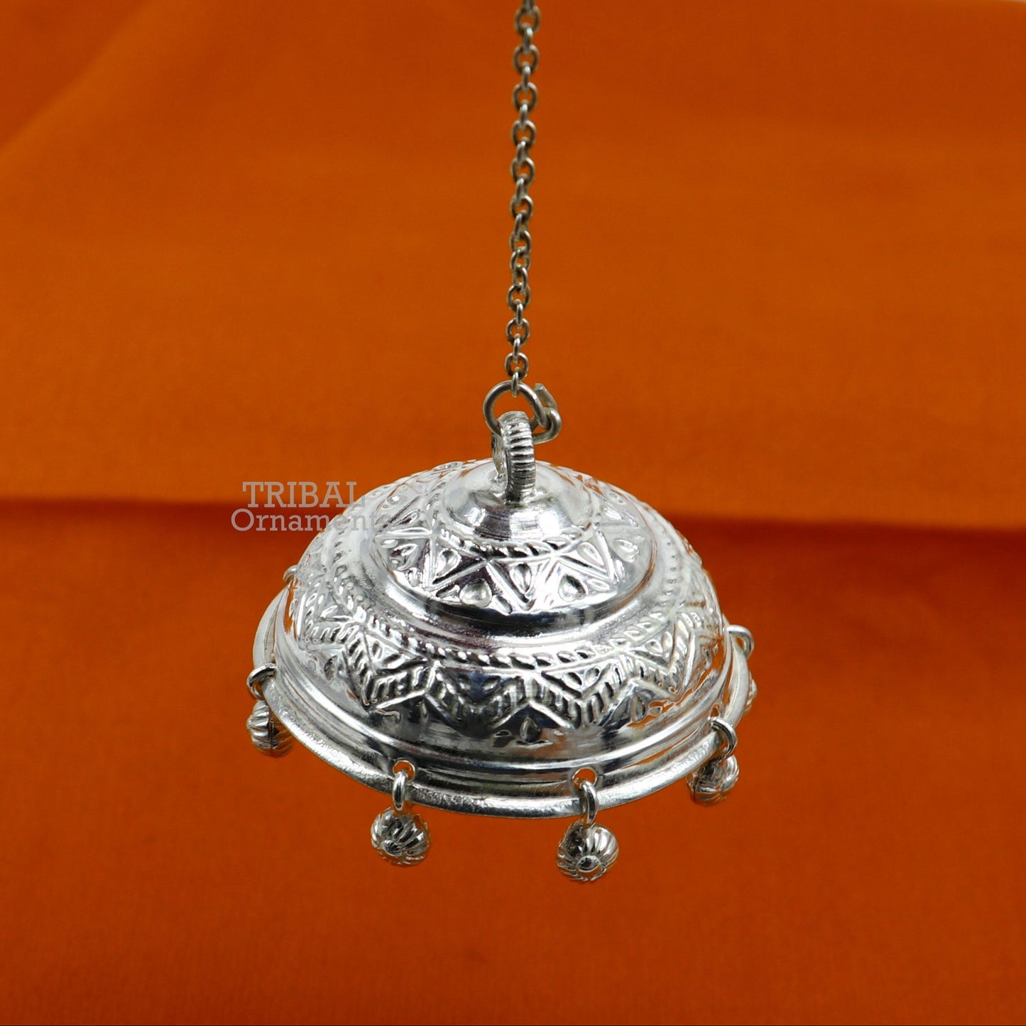 Vintage style handmade sterling silver hindu lord umbrella chhatar chattra with amazing hanging jingle bells. best temple article su753 - TRIBAL ORNAMENTS