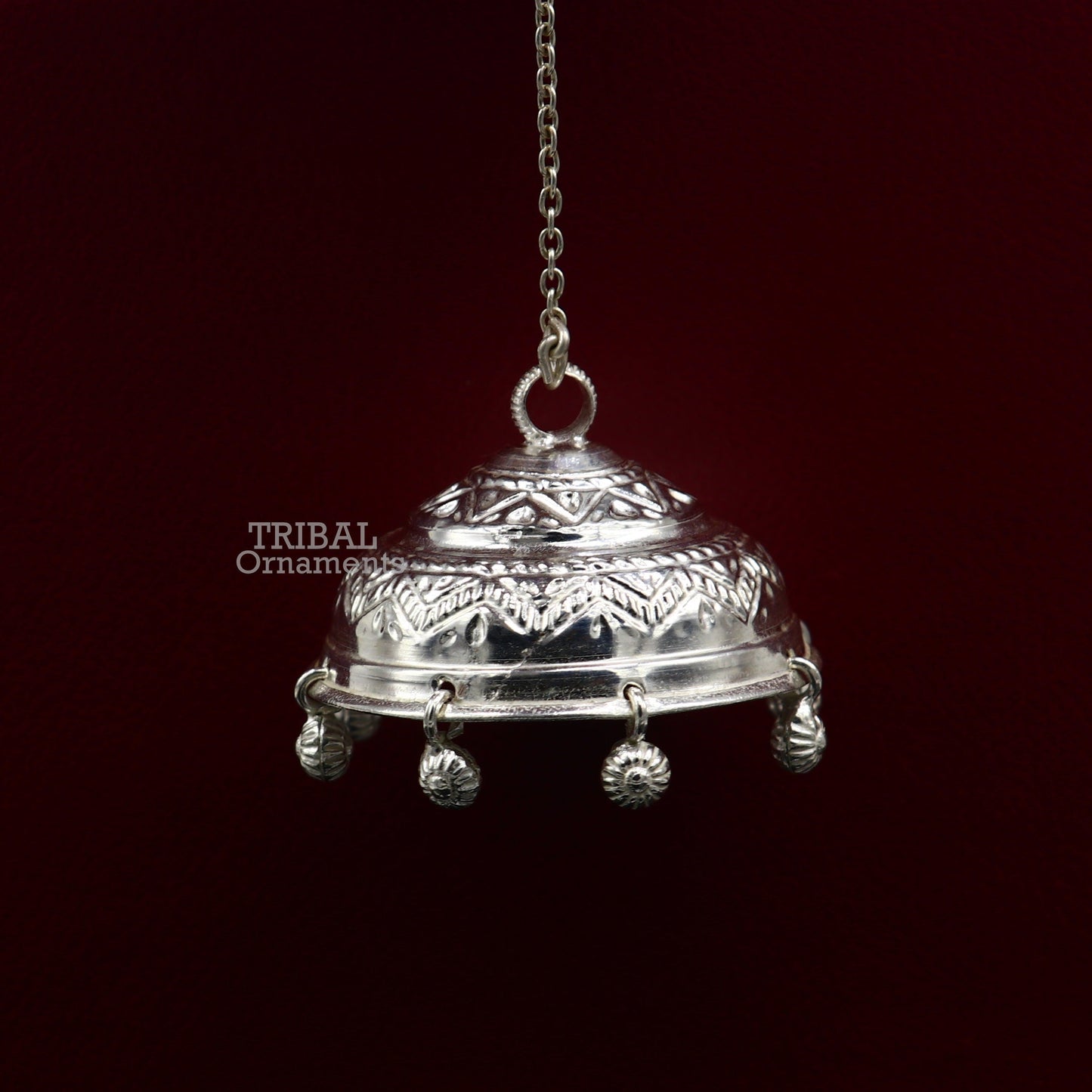 Vintage style handmade sterling silver hindu lord umbrella chhatar chattra with amazing hanging jingle bells. best temple article su753 - TRIBAL ORNAMENTS