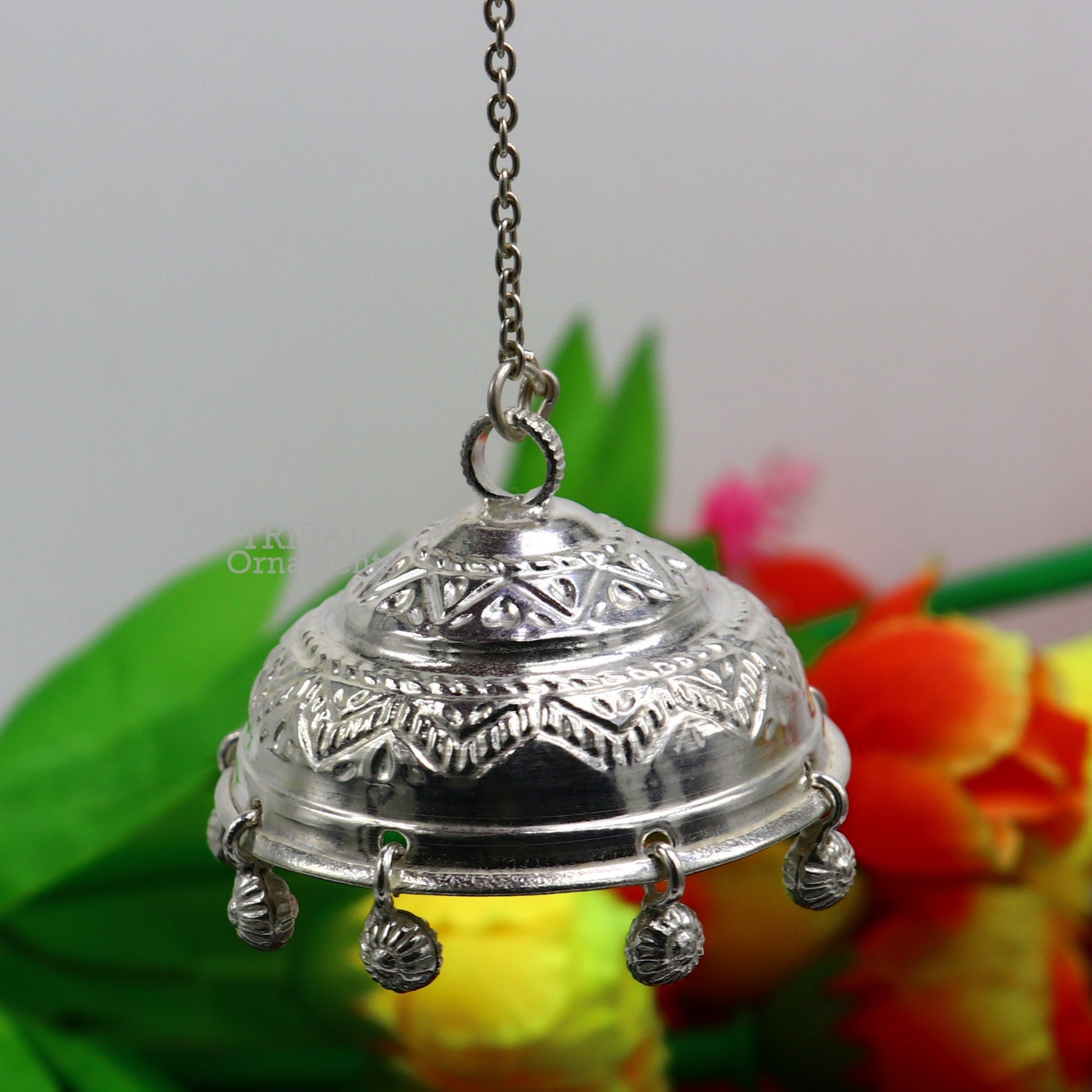 Vintage style handmade sterling silver hindu lord umbrella chhatar chattra with amazing hanging jingle bells. best temple article su753 - TRIBAL ORNAMENTS