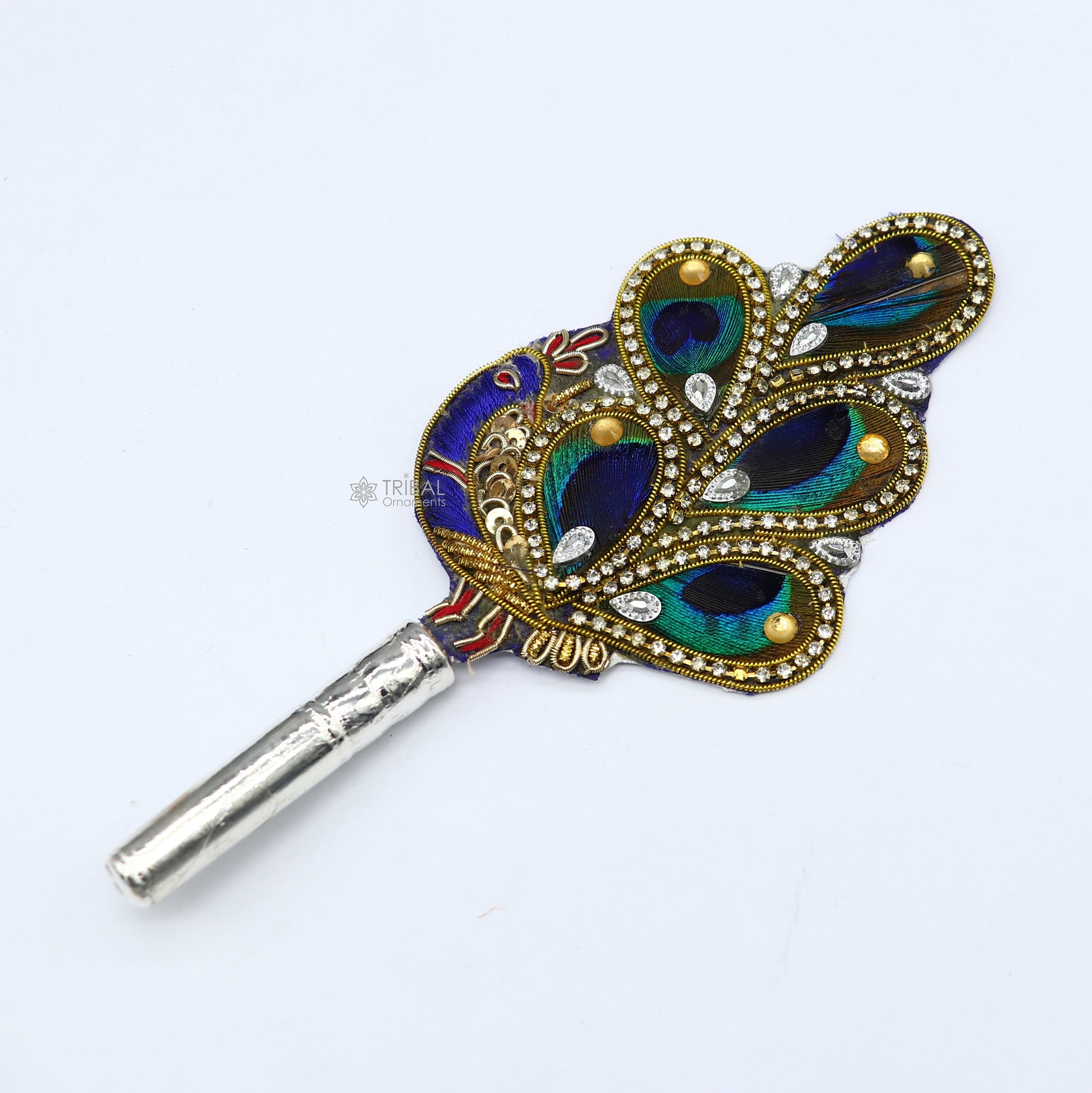 Vintage style handmade Wooden base silver Morchhadi, with peacock feather, best lord krishna laddu gopala silver pankhi silver fan su1217 - TRIBAL ORNAMENTS