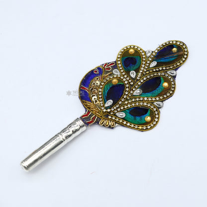 Vintage style handmade Wooden base silver Morchhadi, with peacock feather, best lord krishna laddu gopala silver pankhi silver fan su1217 - TRIBAL ORNAMENTS