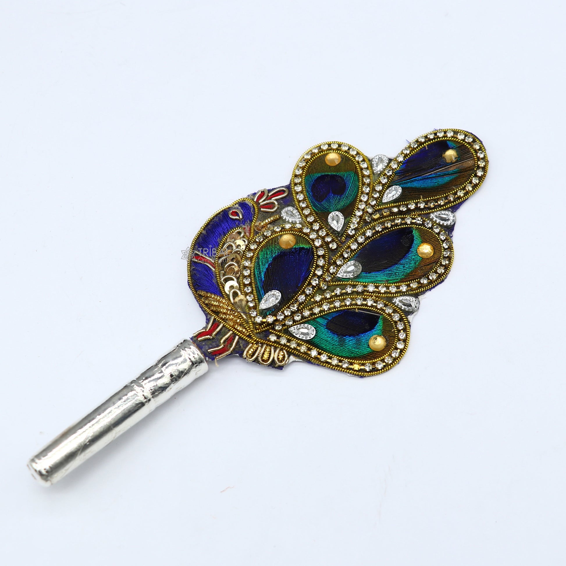 Vintage style handmade Wooden base silver Morchhadi, with peacock feather, best lord krishna laddu gopala silver pankhi silver fan su1217 - TRIBAL ORNAMENTS