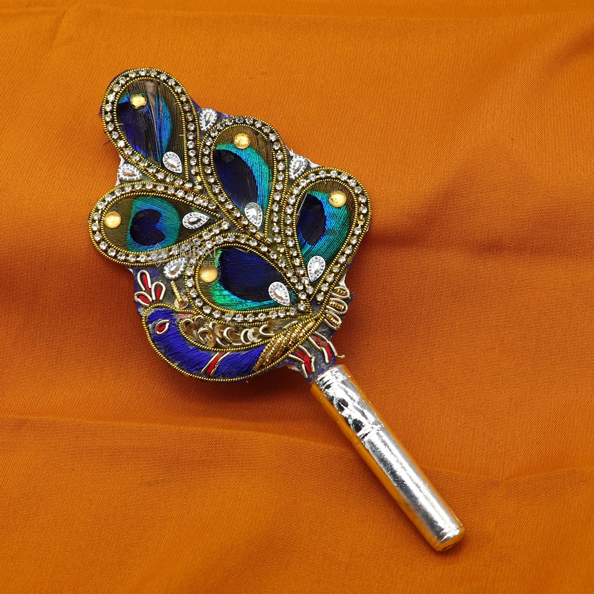 Vintage style handmade Wooden base silver Morchhadi, with peacock feather, best lord krishna laddu gopala silver pankhi silver fan su1217 - TRIBAL ORNAMENTS
