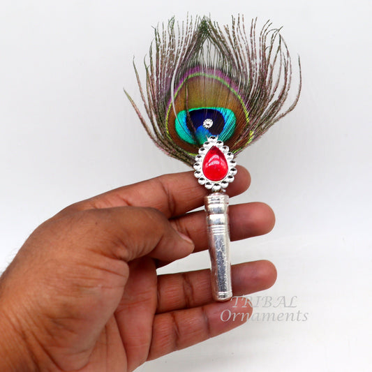 Vintage style handmade Wooden base silver Morchhadi, with peacock feather, best lord krishna laddu gopala silver pankhi silver fan su905 - TRIBAL ORNAMENTS