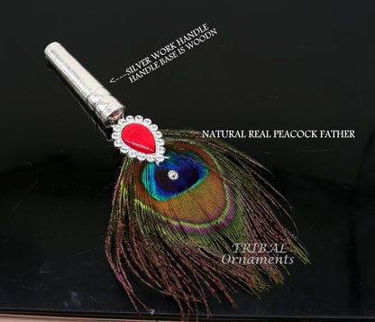 Vintage style handmade Wooden base silver Morchhadi, with peacock feather, best lord krishna laddu gopala silver pankhi silver fan su905 - TRIBAL ORNAMENTS