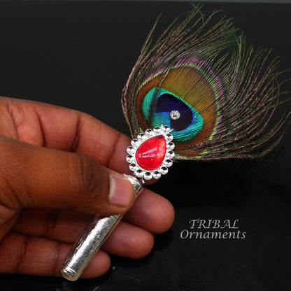 Vintage style handmade Wooden base silver Morchhadi, with peacock feather, best lord krishna laddu gopala silver pankhi silver fan su905 - TRIBAL ORNAMENTS
