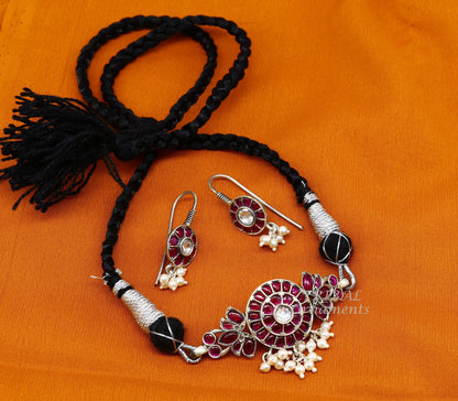 Vintage style red stone and pearl necklace set in 925 sterling silver with adjustable thread, features a customized guttapusalu design.