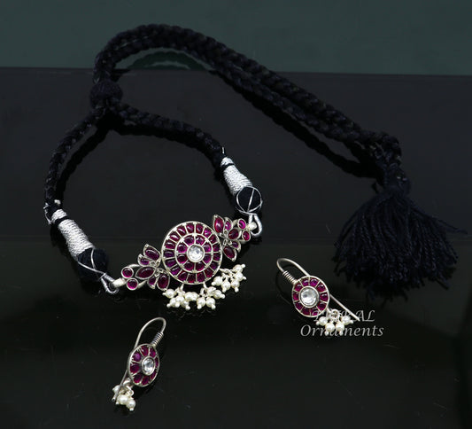 Vintage style red stone with hanging pearls necklace 925 sterling silver customized guttapusalu necklace set adjustable back thread set470 - TRIBAL ORNAMENTS