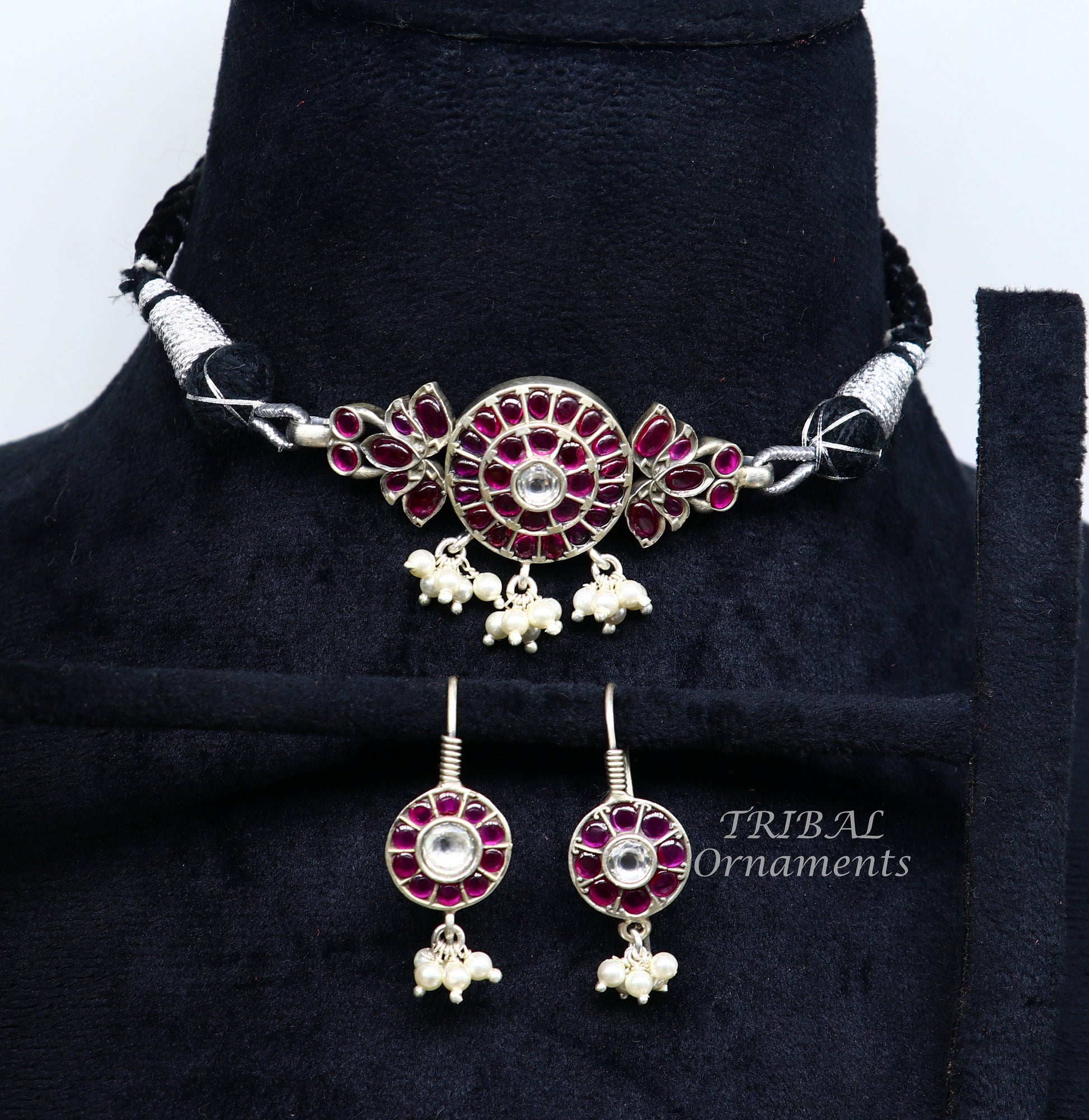 Vintage style red stone and pearl necklace set in 925 sterling silver with adjustable thread, featuring tribal-inspired design.
