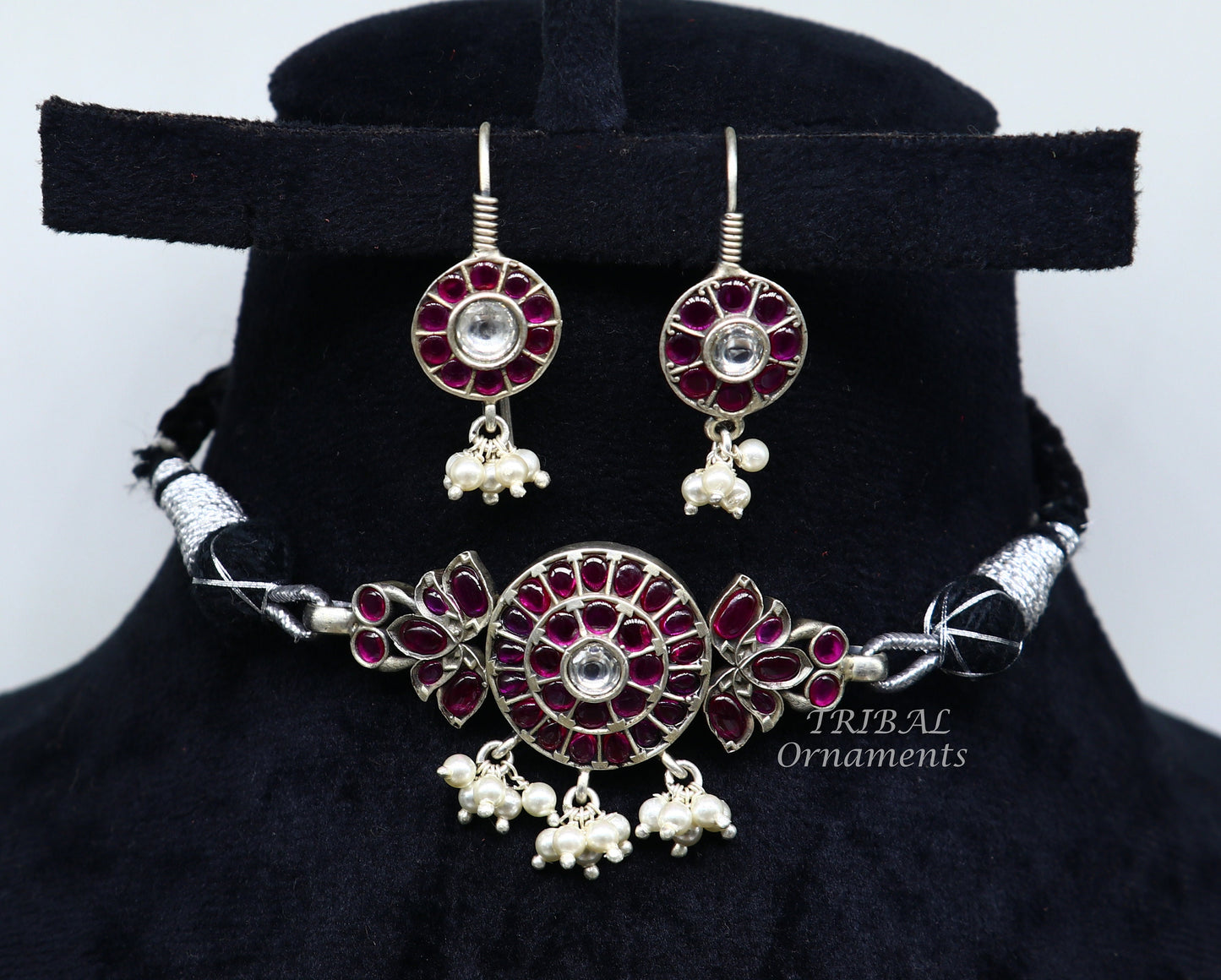 Vintage style red stone necklace with hanging pearls, 925 sterling silver, customized guttapusalu design, adjustable thread set.