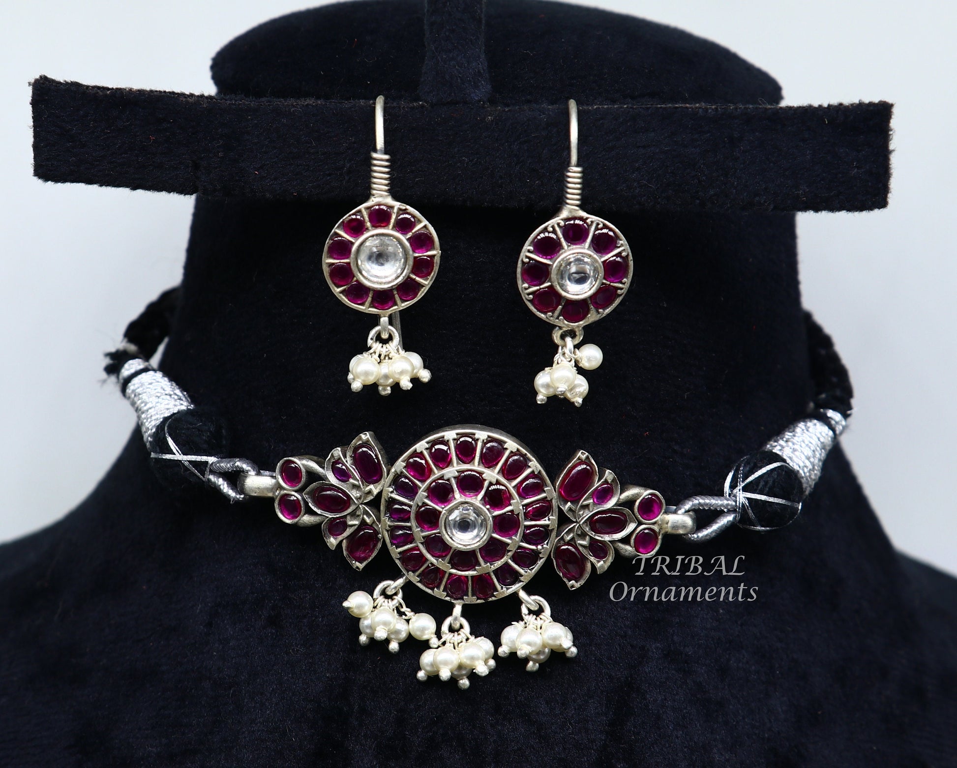 Vintage style red stone necklace with hanging pearls, 925 sterling silver, customized guttapusalu design, adjustable thread set.
