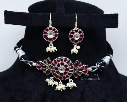 Vintage style red stone necklace with hanging pearls, 925 sterling silver, customized guttapusalu design, adjustable thread set.