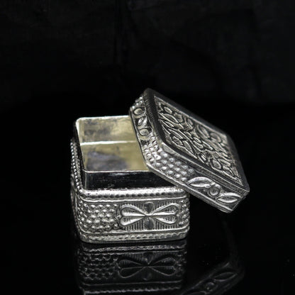Vintage-style small bridal queen sterling silver trinket box for jewelry, eyes kajal, or gift storage, by Tribal Ornaments.