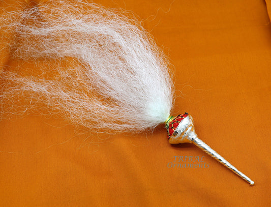 Vintage style Sterling silver handmade puja chanwar chaur with original yalk cow hair, worshipping fan for idols, home temple article su968 - TRIBAL ORNAMENTS