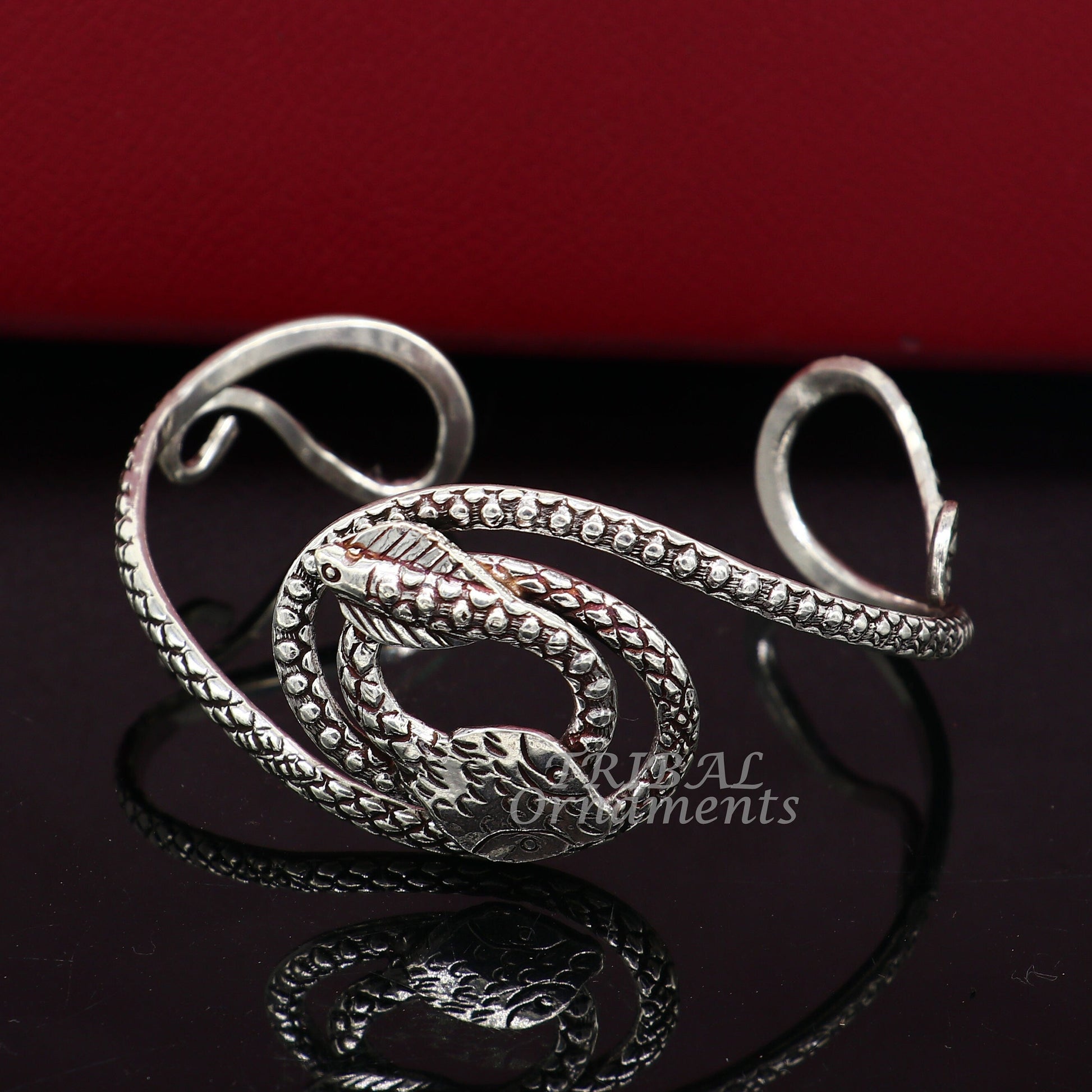Vintage-style 925 sterling silver snake couple cuff bracelet by TRIBAL ORNAMENTS, unisex cobra jewelry with intricate design.