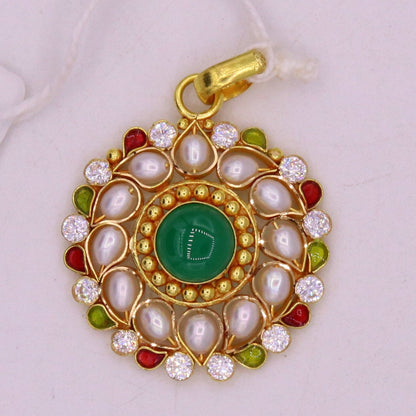 Vintage 22K yellow gold handmade pendant with white pearl and green stone, featuring intricate Jadau Indian jewelry design.
