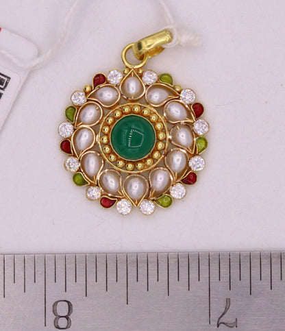 Vintage 22K yellow gold handmade pendant with white pearl and green stone, featuring Jadau Indian jewelry design.