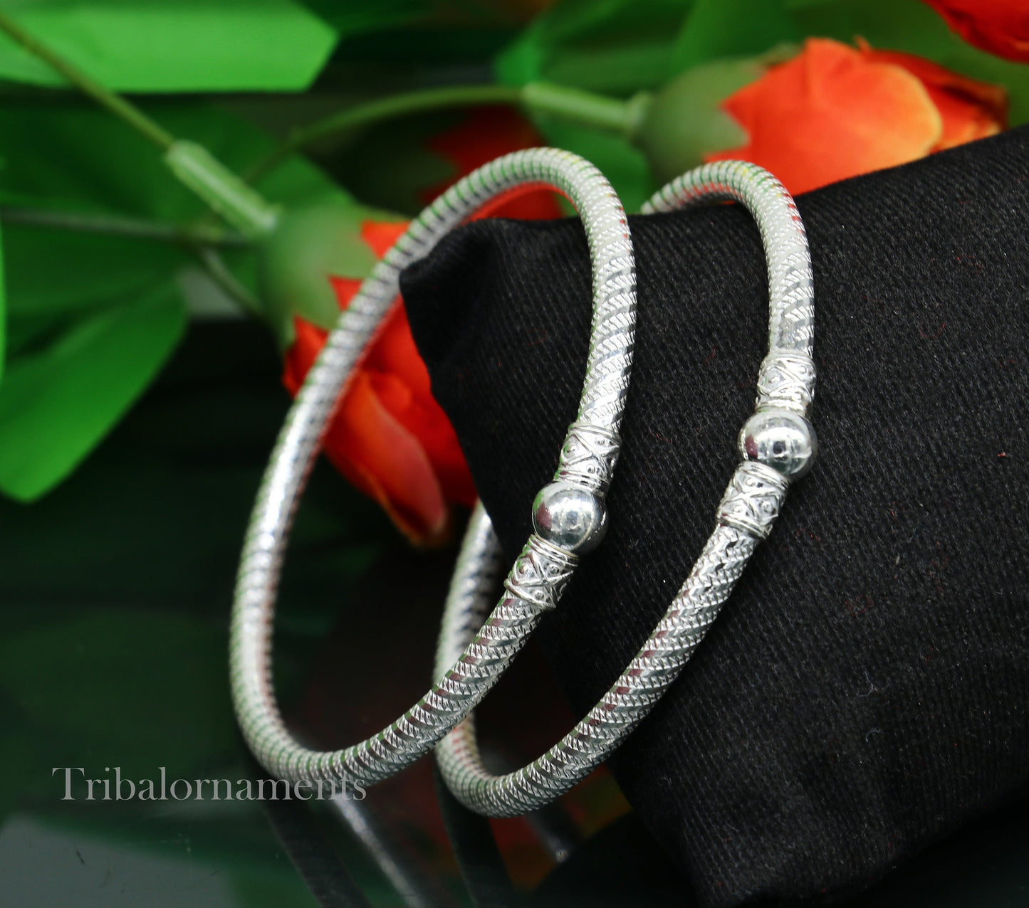 Vintage traditional sterling silver bangle bracelet pair by Tribal Ornaments, handcrafted Indian jewelry for boys or girls.