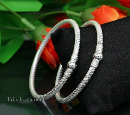 Vintage traditional sterling silver bangle bracelet pair by Tribal Ornaments, handcrafted Indian jewelry for boys or girls.