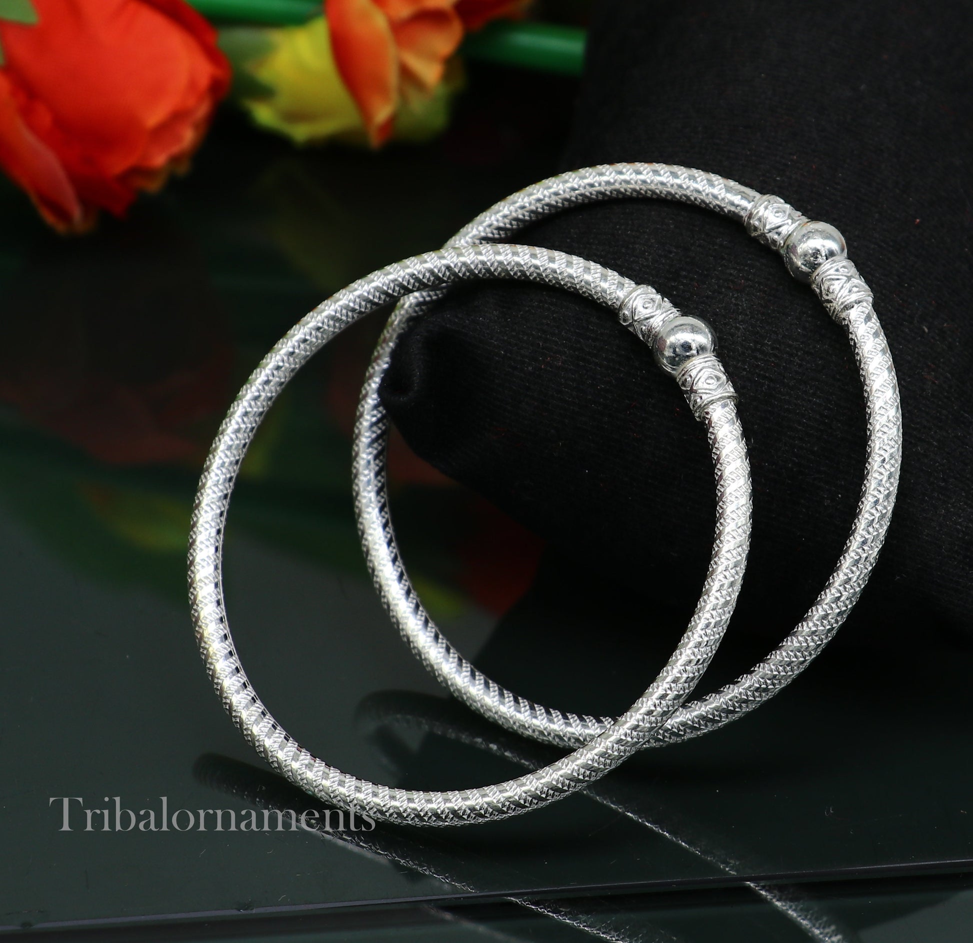 Vintage traditional sterling silver bangle bracelet pair from Tribal Ornaments, featuring handmade Indian design jewelry for boys and girls.