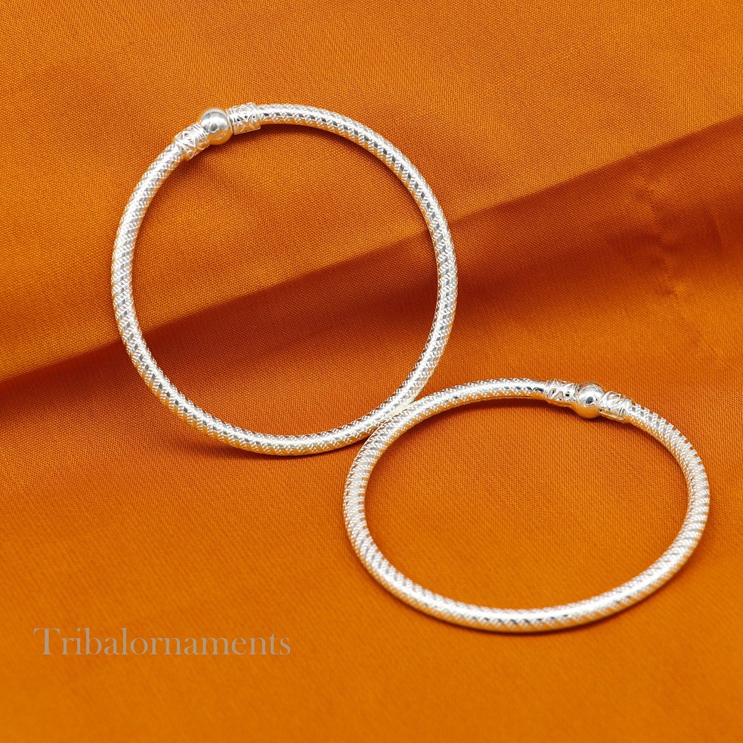 Vintage traditional sterling silver bangle bracelet pair by Tribal Ornaments, handmade Indian jewelry for boys or girls.