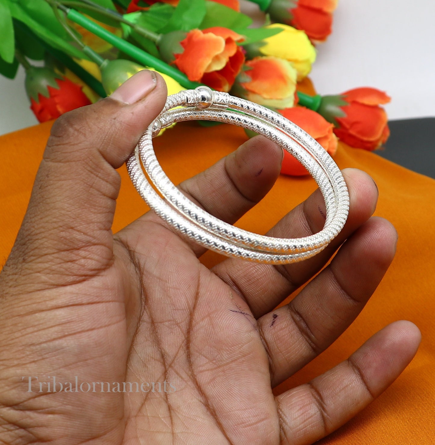 Vintage traditional sterling silver bangle bracelet pair from Tribal Ornaments, handcrafted Indian jewelry for boys and girls.