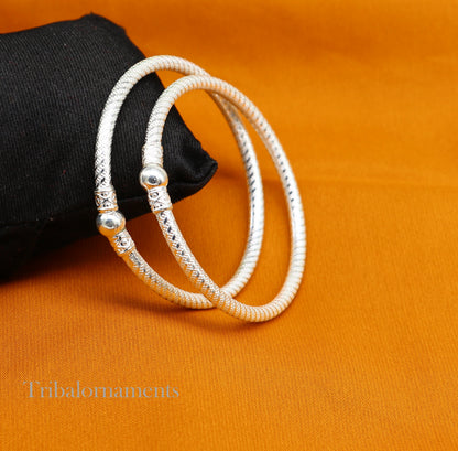 Vintage traditional design sterling silver bangle bracelet pair by Tribal Ornaments, handmade Indian jewelry for boys and girls.
