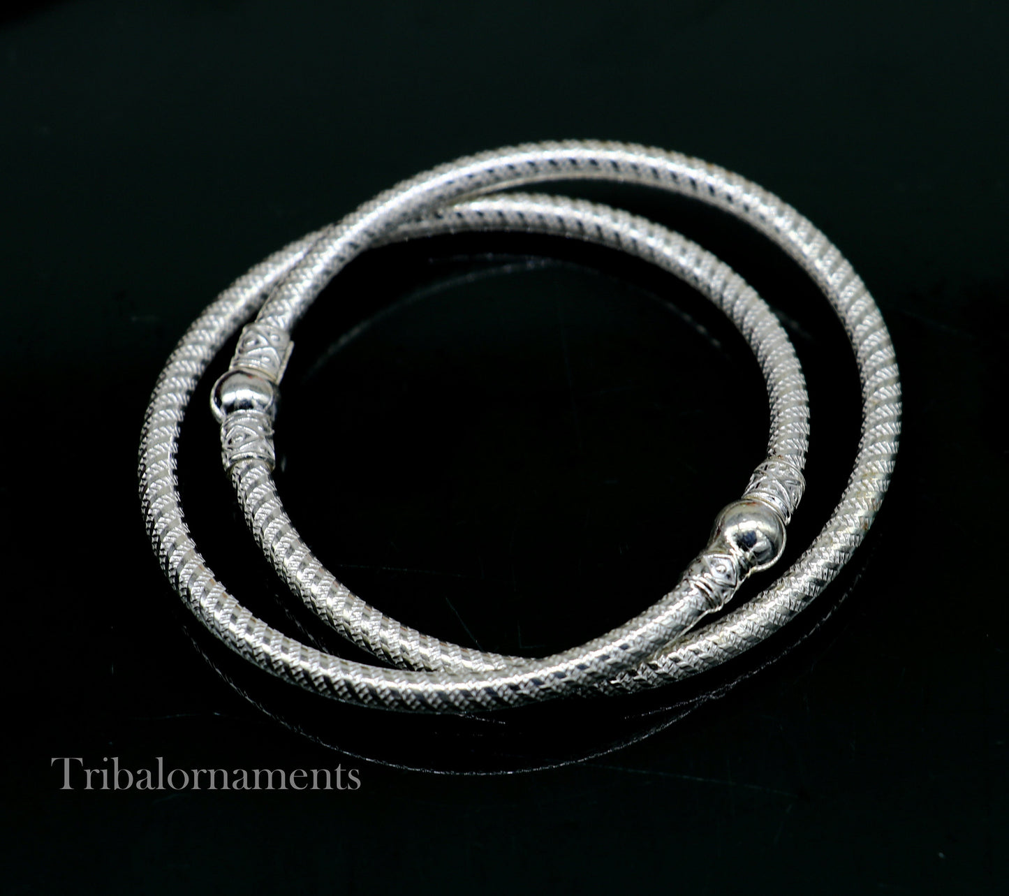 Vintage traditional sterling silver bangle bracelet pair by Tribal Ornaments, handcrafted Indian jewelry for boys and girls.