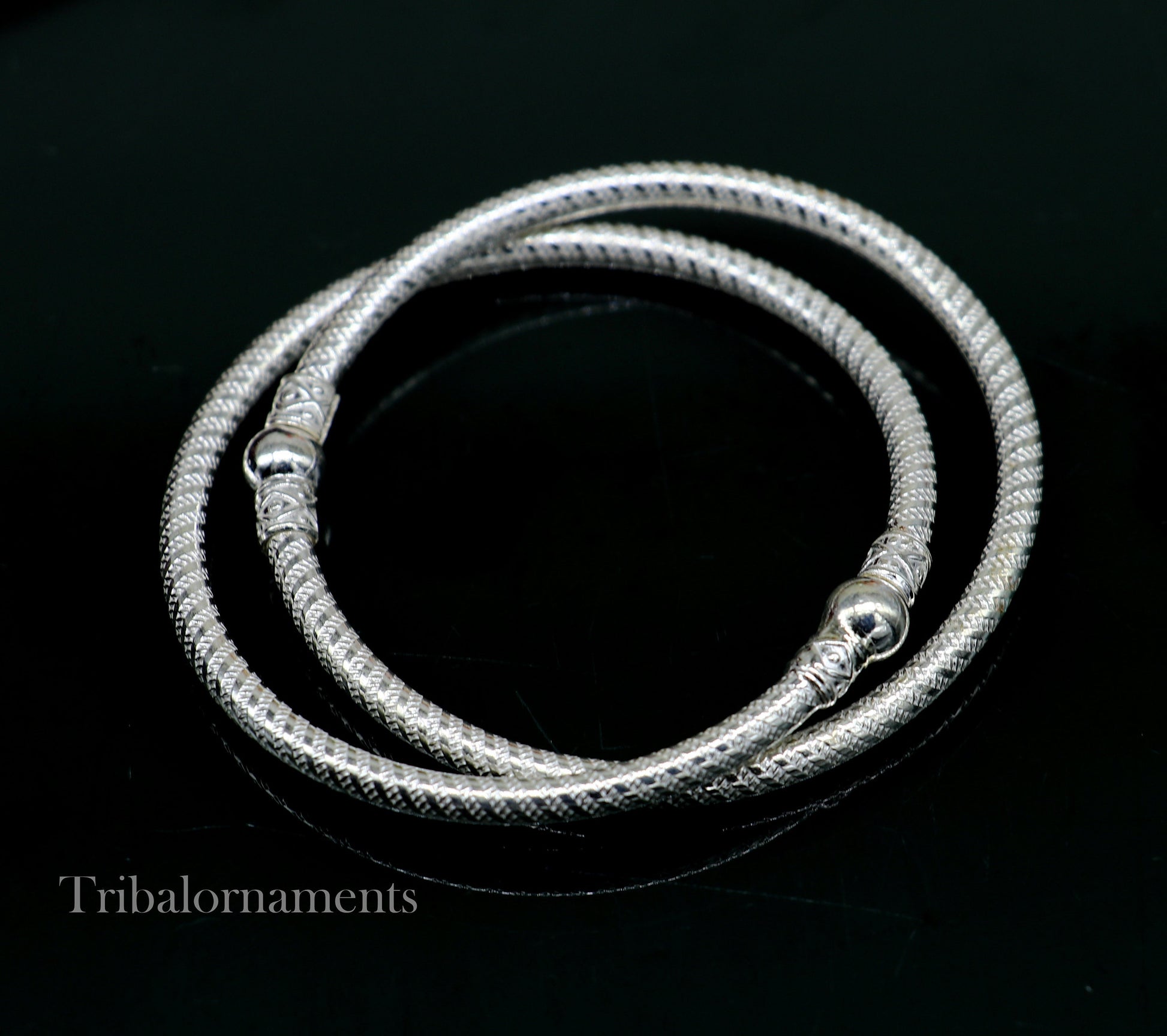 Vintage traditional sterling silver bangle bracelet pair by Tribal Ornaments, handcrafted Indian jewelry for boys and girls.