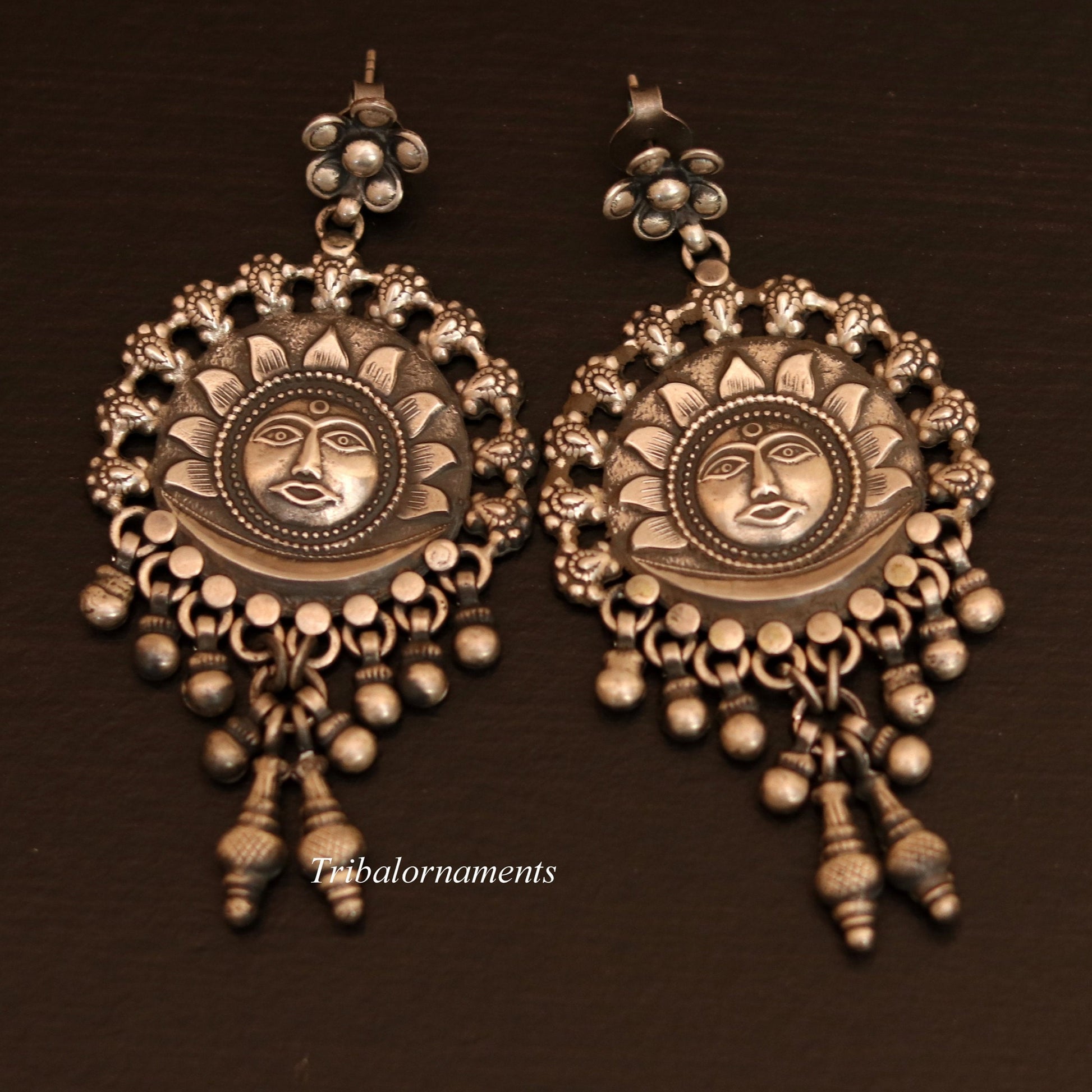 Vintage sun design 925 sterling silver drop dangling bells stud earrings customized jewelry bridesmaid gifting girl's tribal jewelry s351 - TRIBAL ORNAMENTS