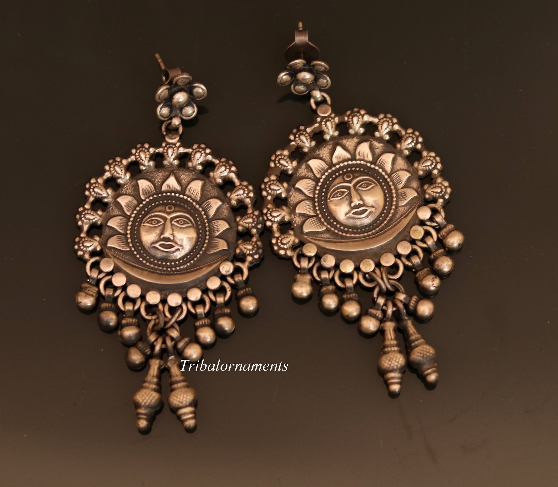 Vintage sun design 925 sterling silver drop dangling bells stud earrings customized jewelry bridesmaid gifting girl's tribal jewelry s351 - TRIBAL ORNAMENTS