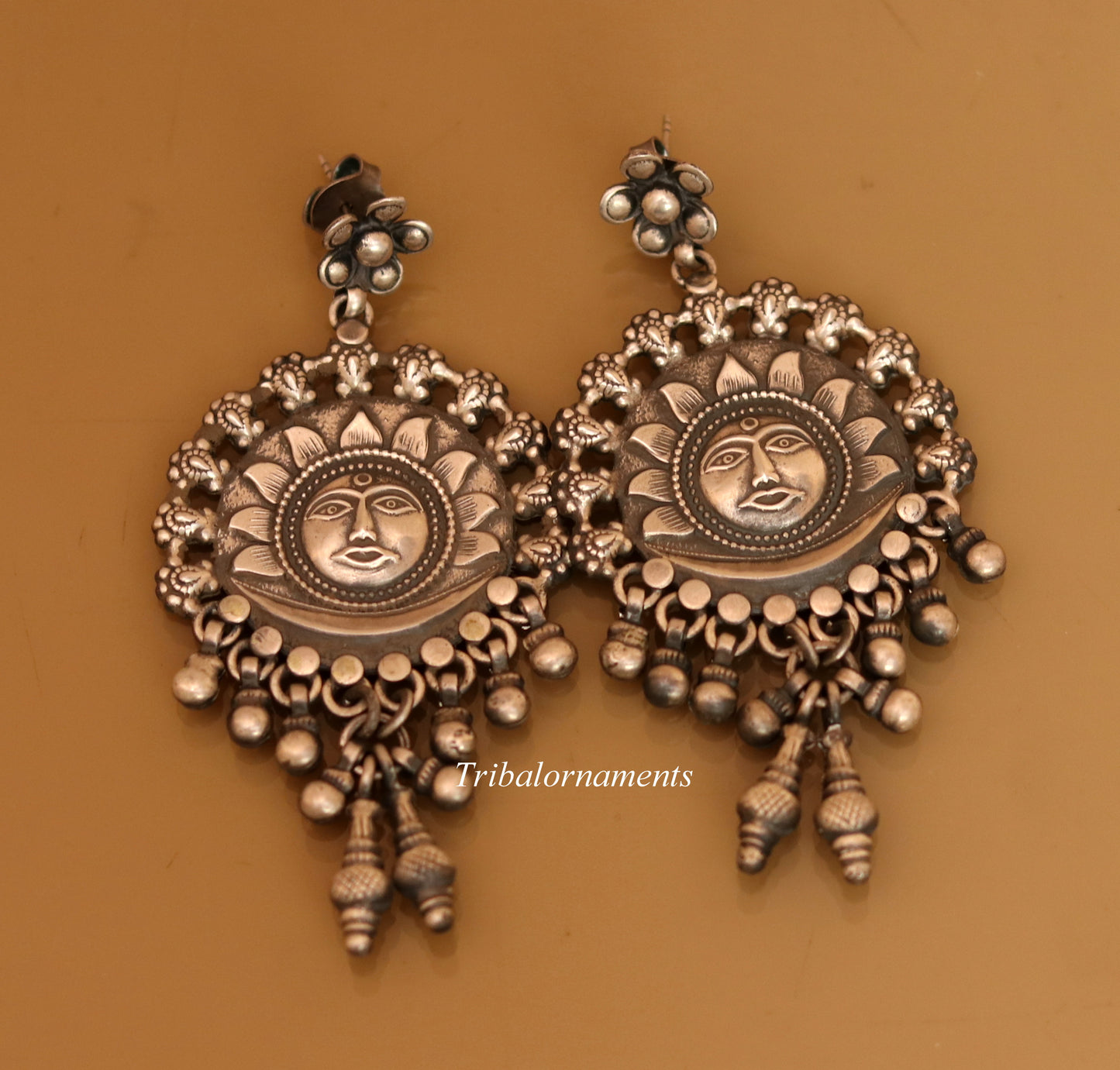Vintage sun design 925 sterling silver drop dangling bells stud earrings customized jewelry bridesmaid gifting girl's tribal jewelry s351 - TRIBAL ORNAMENTS