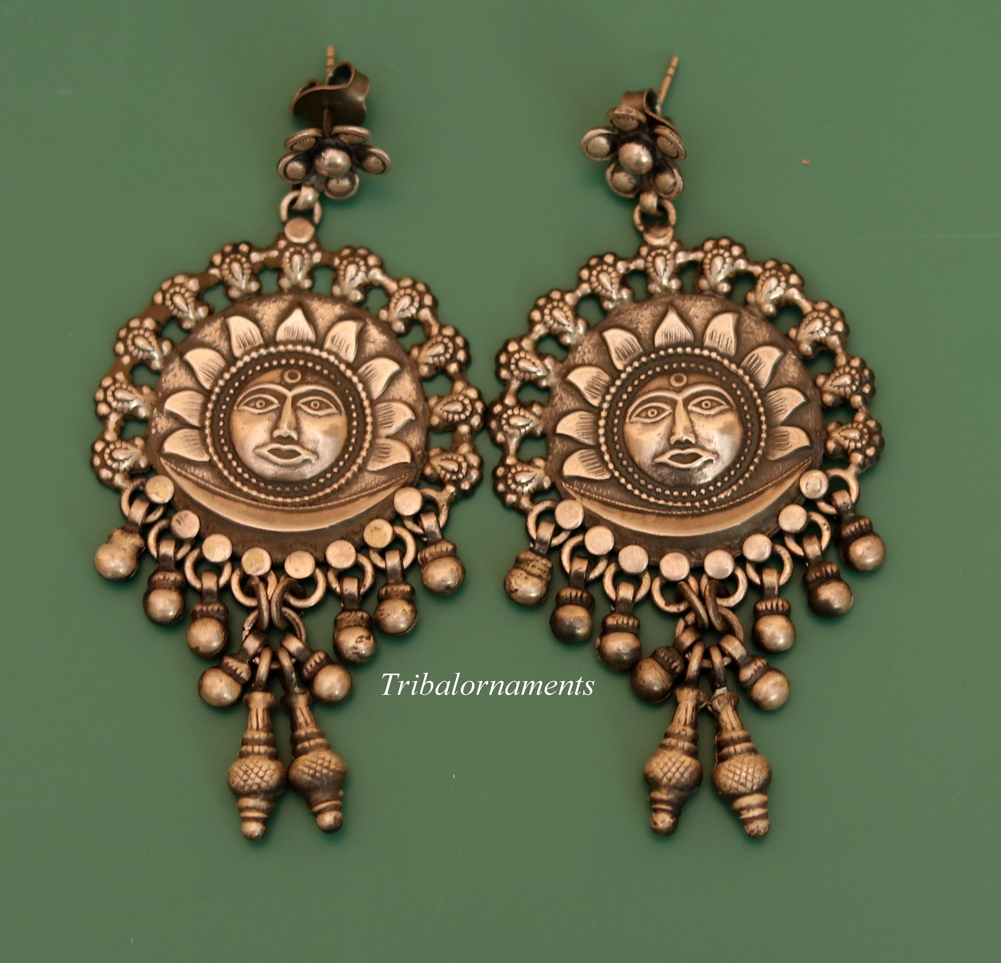 Vintage sun design 925 sterling silver drop dangling bells stud earrings customized jewelry bridesmaid gifting girl's tribal jewelry s351 - TRIBAL ORNAMENTS