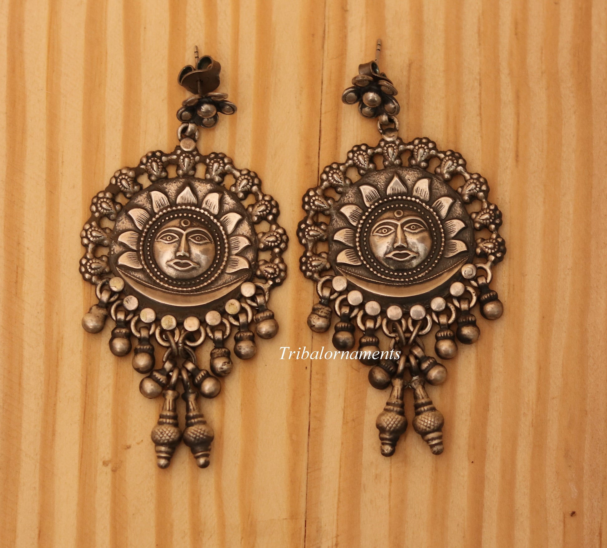 Vintage sun design 925 sterling silver drop dangling bells stud earrings customized jewelry bridesmaid gifting girl's tribal jewelry s351 - TRIBAL ORNAMENTS