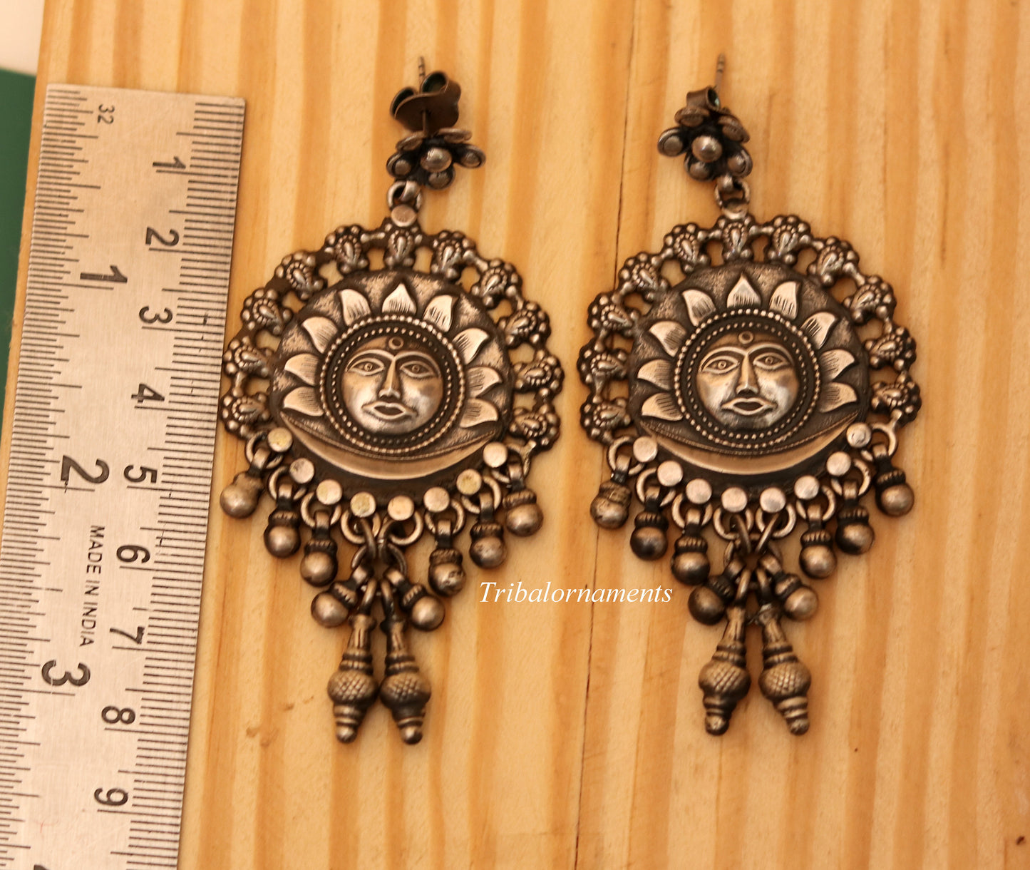 Vintage sun design 925 sterling silver drop dangling bells stud earrings customized jewelry bridesmaid gifting girl's tribal jewelry s351 - TRIBAL ORNAMENTS