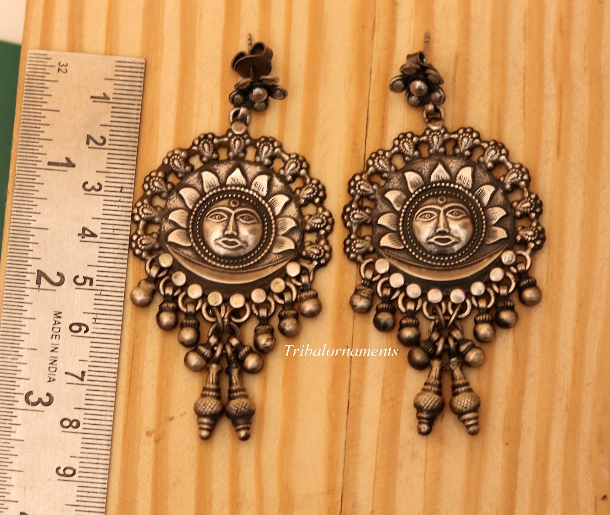 Vintage sun design 925 sterling silver drop dangling bells stud earrings customized jewelry bridesmaid gifting girl's tribal jewelry s351 - TRIBAL ORNAMENTS