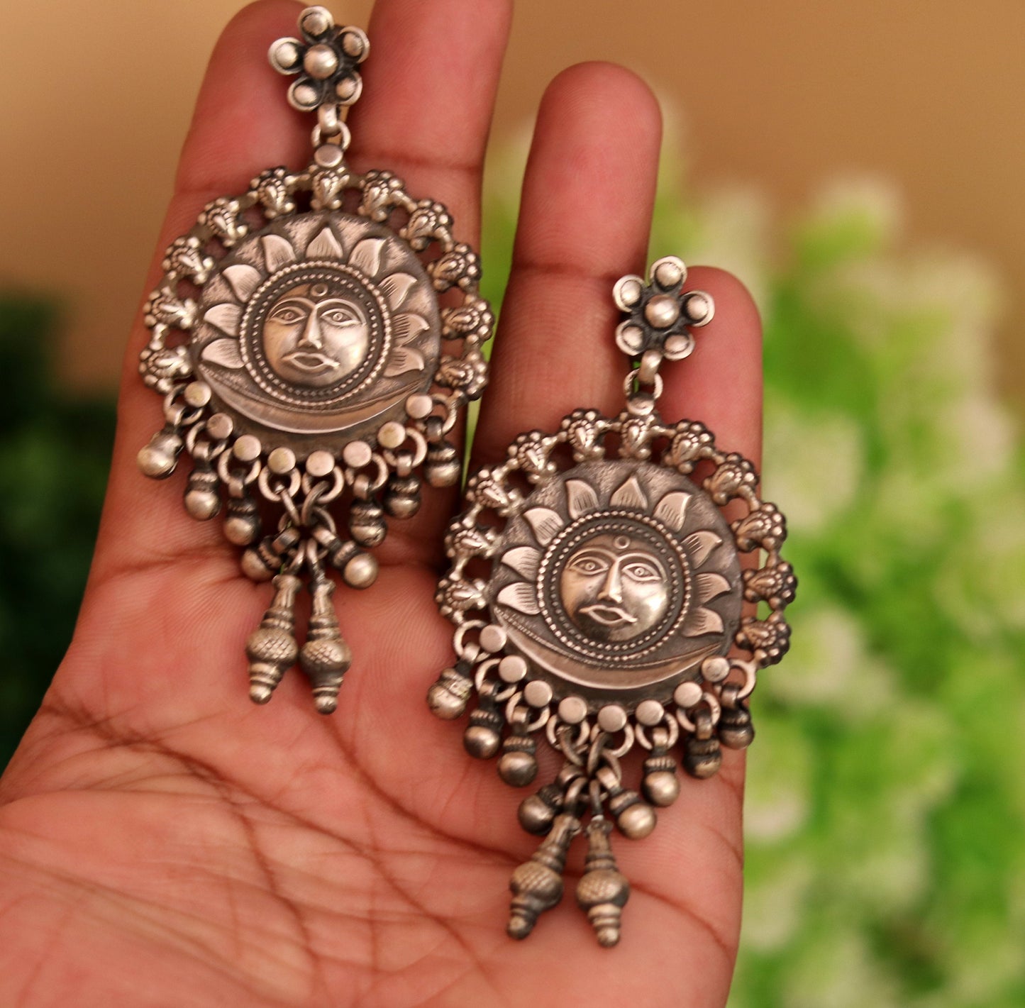 Vintage sun design 925 sterling silver drop dangling bells stud earrings customized jewelry bridesmaid gifting girl's tribal jewelry s351 - TRIBAL ORNAMENTS