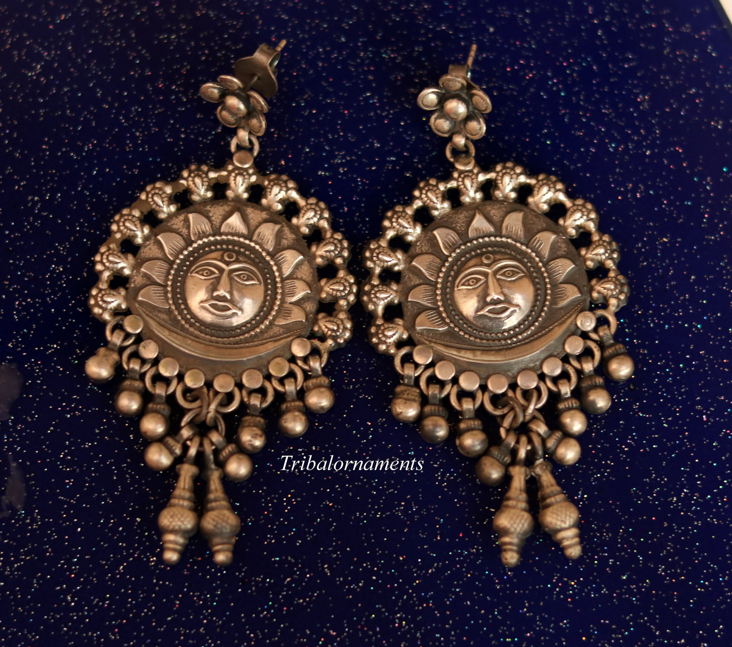 Vintage sun design 925 sterling silver drop dangling bells stud earrings customized jewelry bridesmaid gifting girl's tribal jewelry s351 - TRIBAL ORNAMENTS