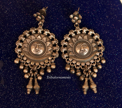 Vintage sun design 925 sterling silver drop dangling bells stud earrings customized jewelry bridesmaid gifting girl's tribal jewelry s351 - TRIBAL ORNAMENTS