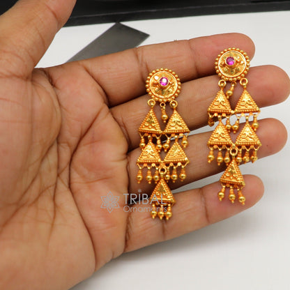 Vintage 22KT yellow gold handmade tribal earrings with traditional cultural design from Tribal Ornaments, ethnic Indian tribal jewelry.
