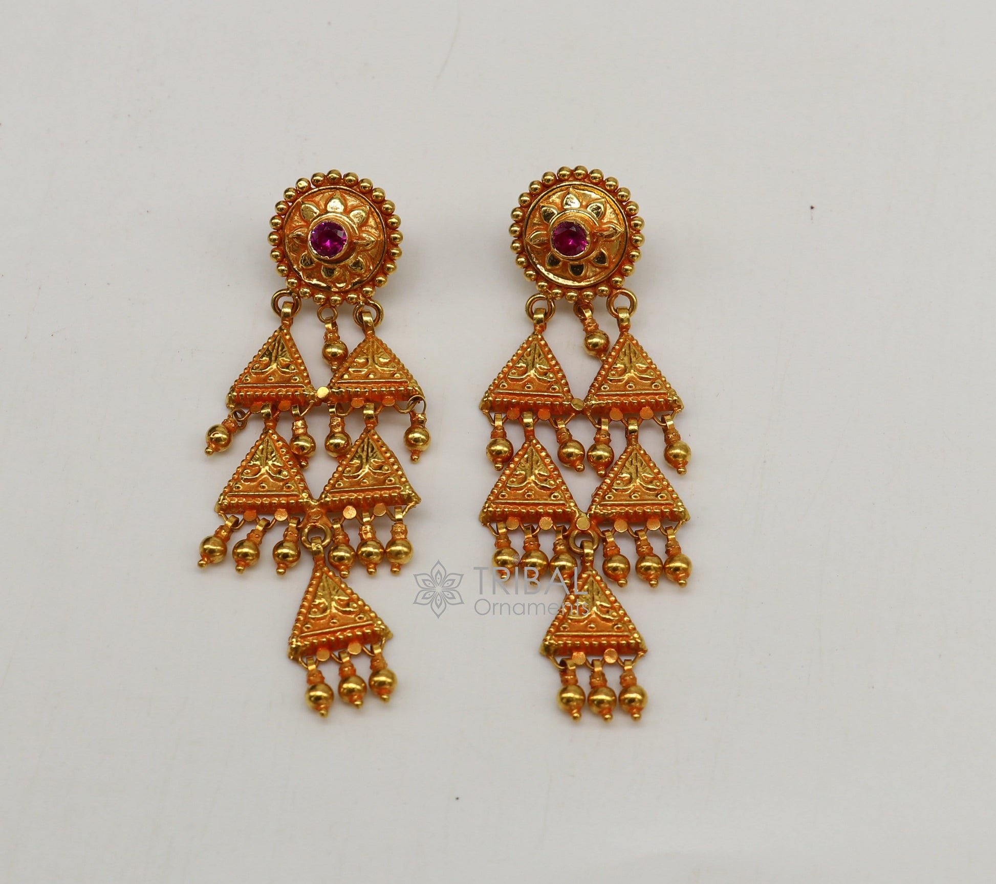 Vintage 22kt yellow gold tribal earrings from TRIBAL ORNAMENTS featuring traditional handcrafted ethnic jewelry design for women.