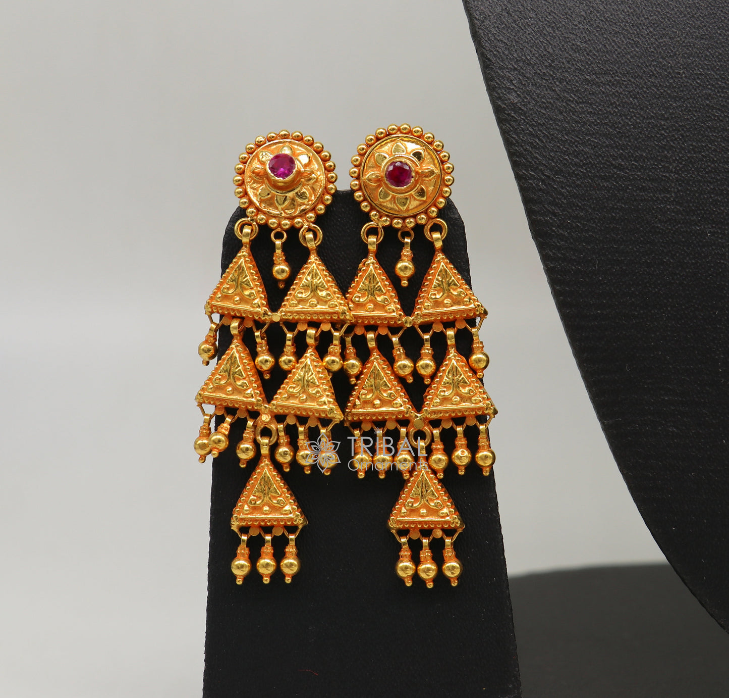 Vintage tribal earrings in 22KT yellow gold with traditional cultural design, handmade ethnic jewelry for women from India.