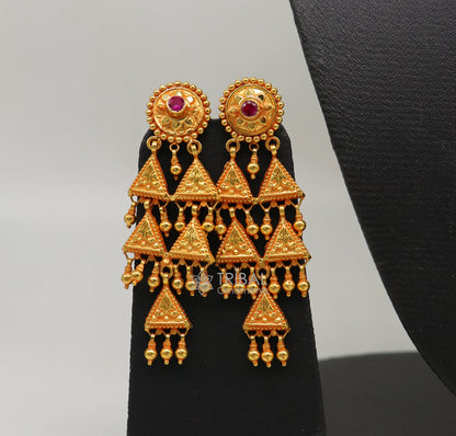 Vintage tribal earrings in 22KT yellow gold with traditional cultural design, handmade ethnic jewelry for women from India.