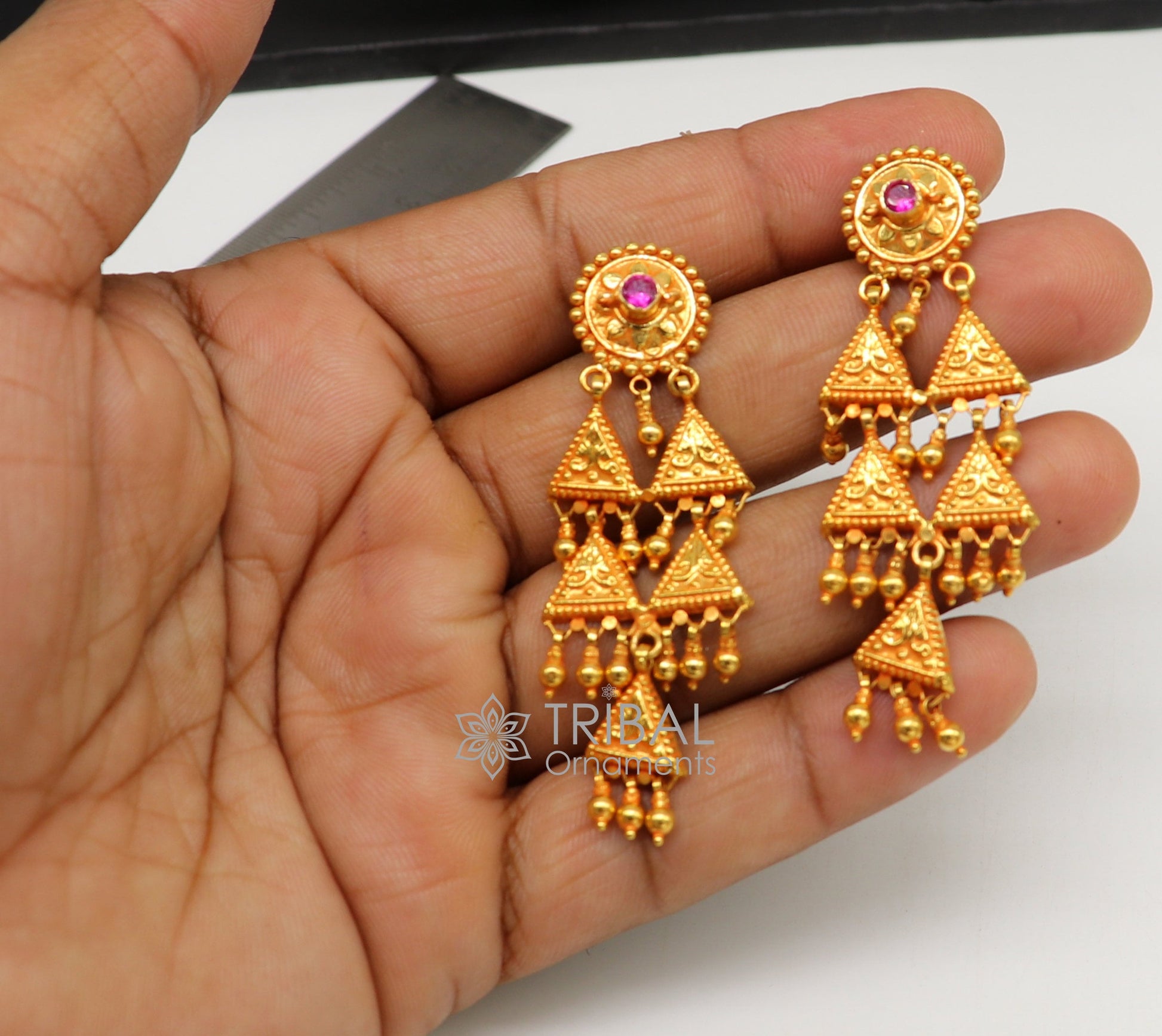 Vintage 22KT yellow gold tribal earrings with traditional cultural design, handmade ethnic jewelry from Tribal Ornaments.