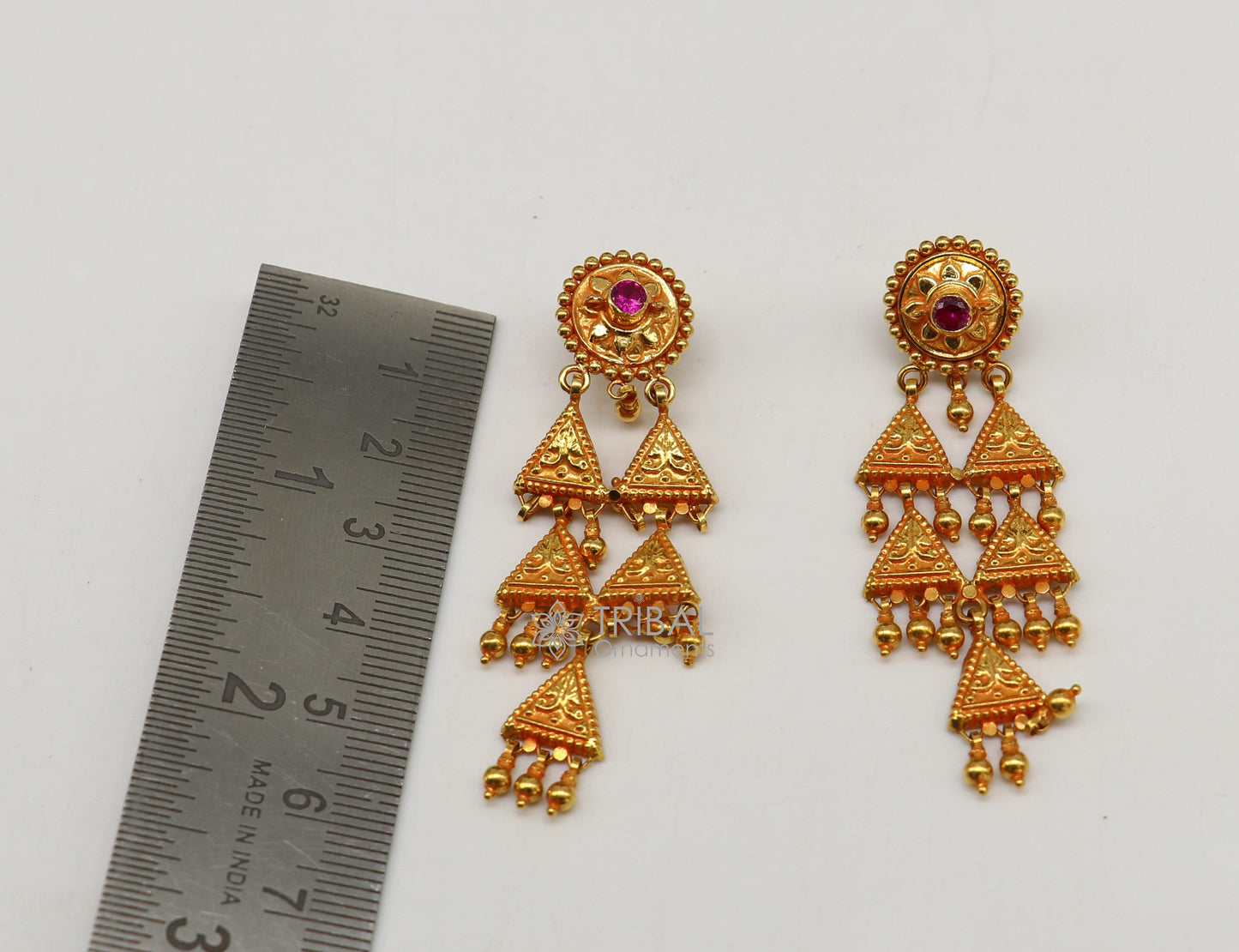 Vintage tribal earrings crafted in 22KT yellow gold featuring traditional handmade Indian ethnic design.